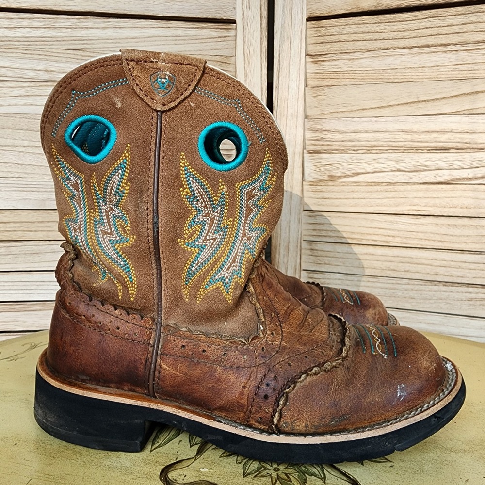Ariat Sz 6.5 B Brown Leather Embroidered Western Cowgirl Boots Rodeo Country